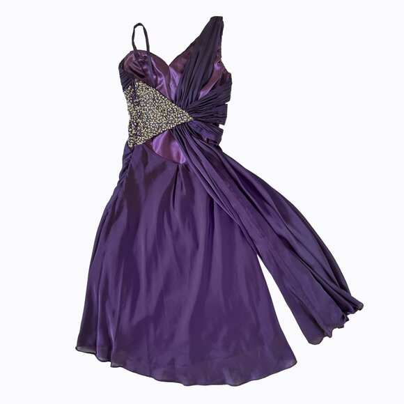 Vintage Babydoll Purple Dress XS/S Asymmetrical Ruched Bodice 90s Y2K Whimsigoth - Picture 3 of 12